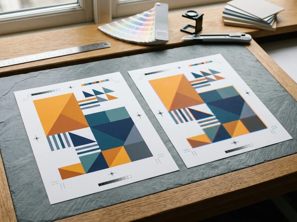 Perbandingan hasil cetak format PDF print-ready presisi dan tajam di meja percetakan Uprint.id