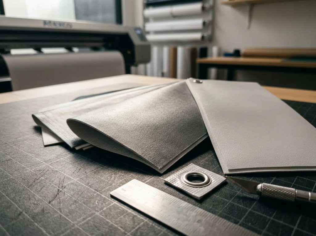 Inspeksi sampel bahan dan presisi finishing cetak banner online