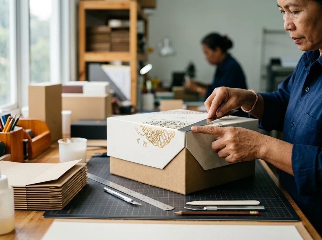 Proses finishing rigid box kemasan hampers rohani dengan aksen foil emas presisi di percetakan.