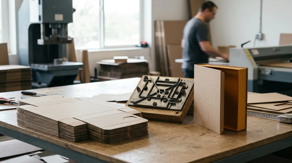 Lembaran pola die-cut kemasan custom bersama pisau pond cetak di area produksi percetakan