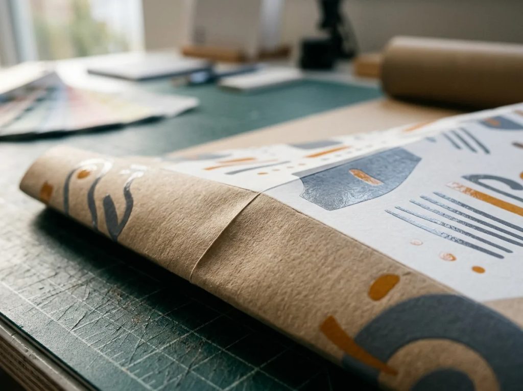 Detail tekstur dan lipatan wrapping paper branded bercerita untuk meningkatkan daya tarik kemasan produk.