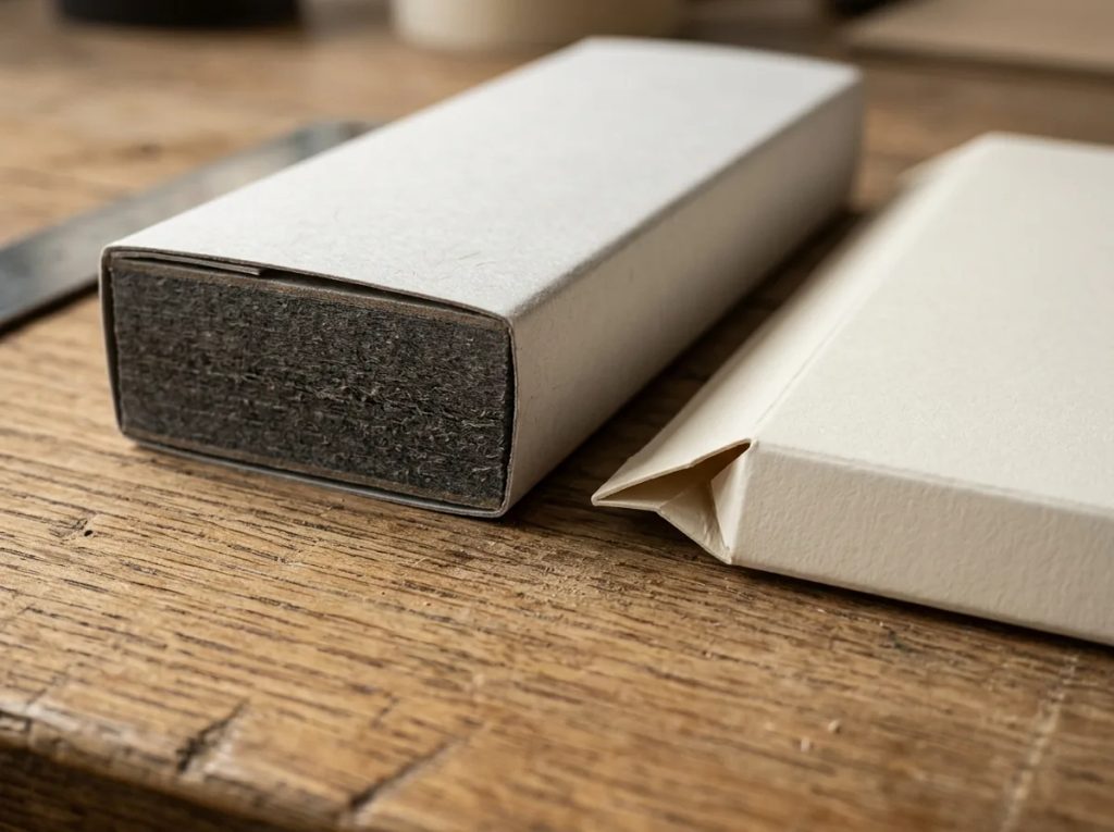 Perbandingan makro struktur material rigid box greyboard dan folding box ivory untuk kemasan premium.