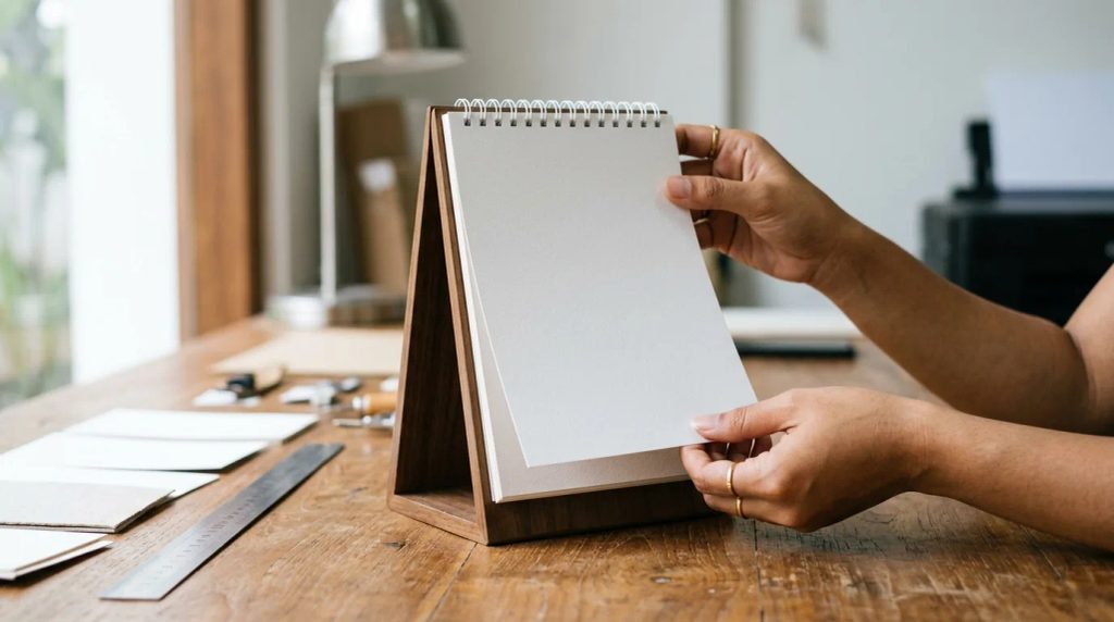 Contoh produk cetak kalender meja A5 portrait di atas meja kerja perkantoran Jakarta
