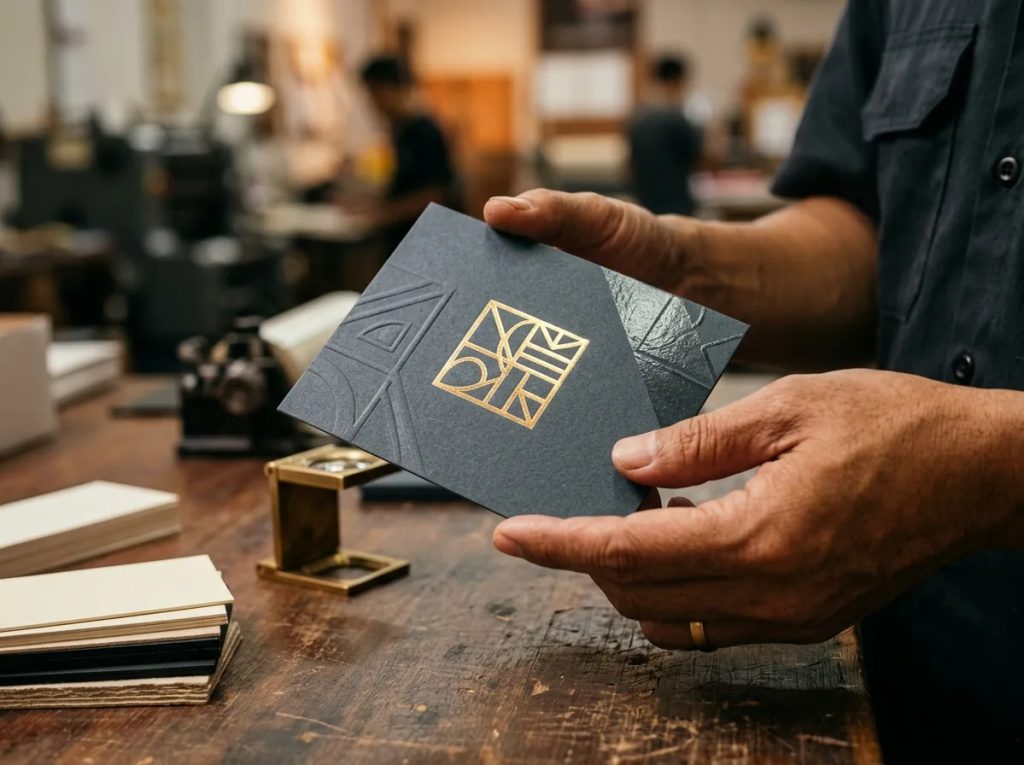 Inspeksi finishing stationery bisnis dengan foil emas, spot UV glossy, dan emboss timbul.