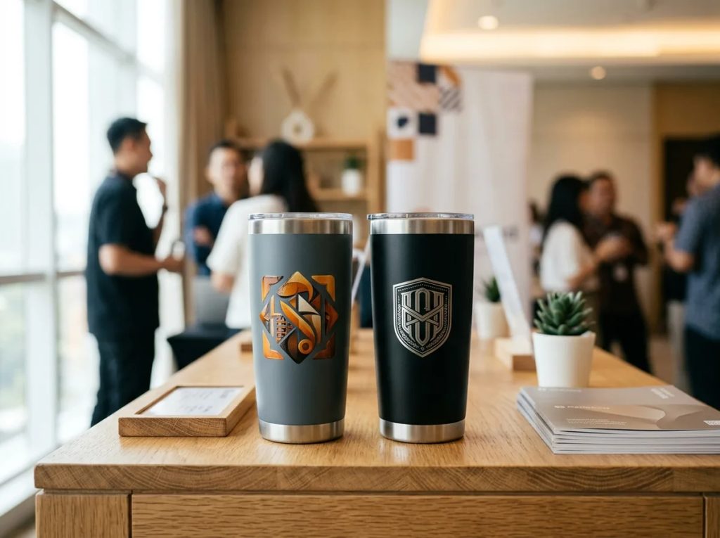 Perbandingan teknik cetak UV print dan grafir laser presisi pada tumbler stainless custom.