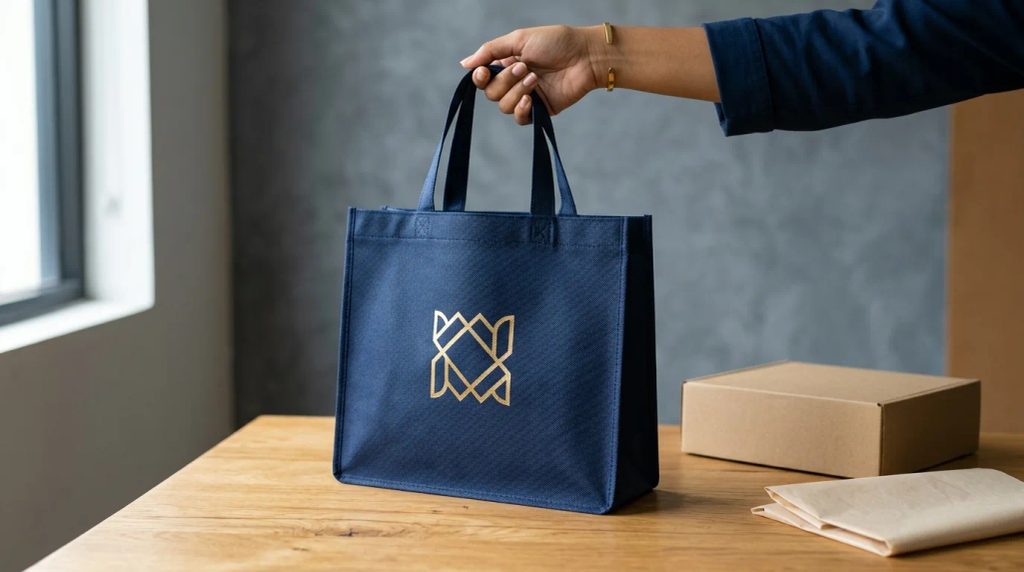 Tas spunbond custom printing premium dengan logo brand di meja unboxing produk