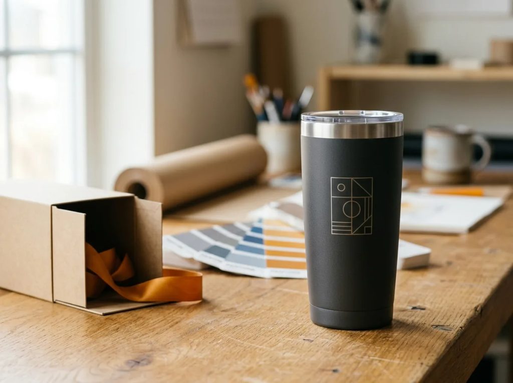 Tumbler stainless custom eksklusif bernilai tinggi di meja kerja percetakan Uprint.id