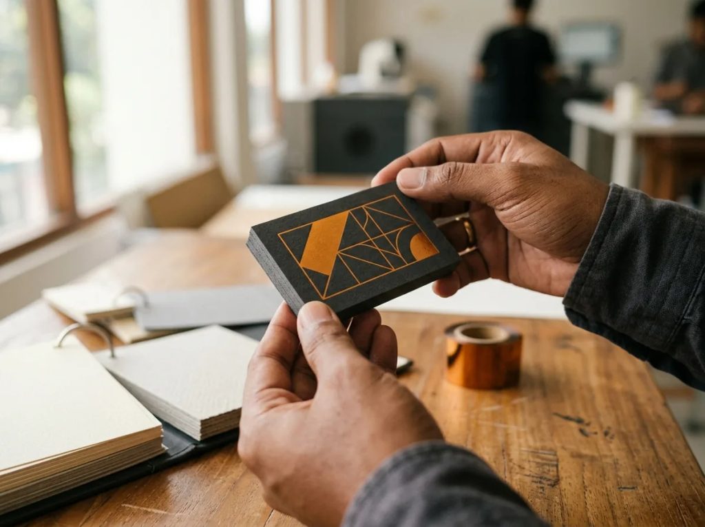 Pemeriksaan kualitas kertas gsm tebal dan finishing eksklusif pada sampel kartu nama custom.