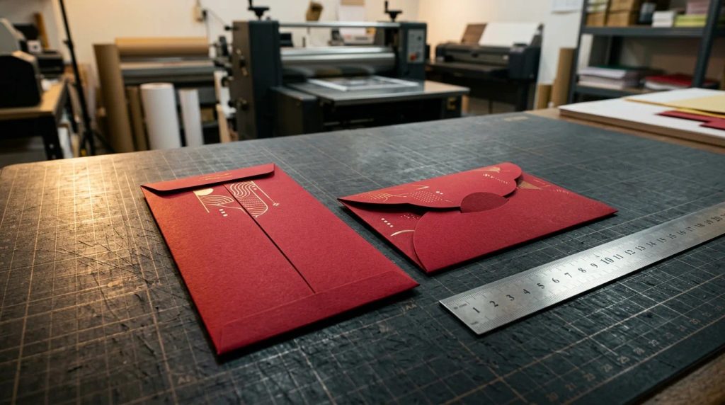 Perbandingan ukuran dimensi amplop angpao imlek vertikal panjang tanpa lipat uang dan format saku mini