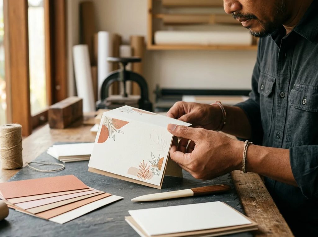 Pengecekan detail kartu ucapan Valentine custom berdesain minimalis tanpa klise di percetakan.