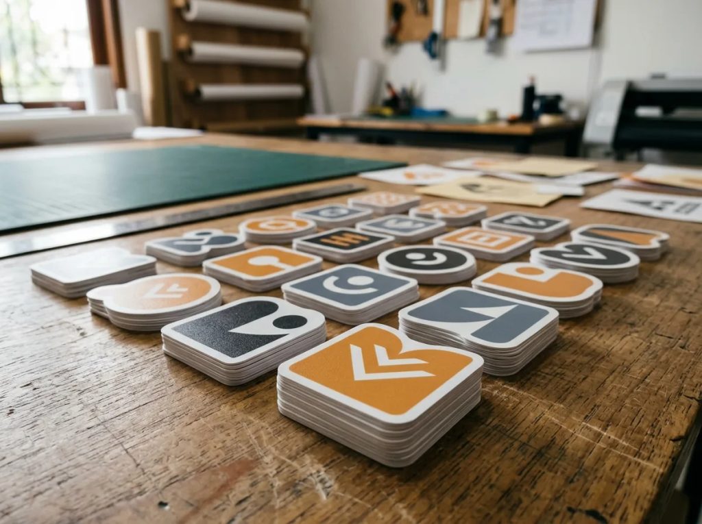 Deretan tumpukan stiker brand die-cut premium dengan hasil cetak presisi di meja kerja percetakan.