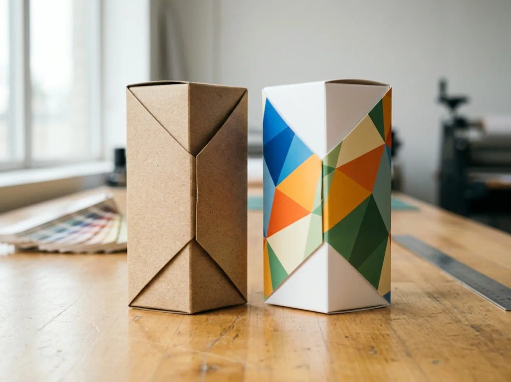 Perbandingan kemasan custom bahan kraft eco-friendly dan art carton full color di meja percetakan.