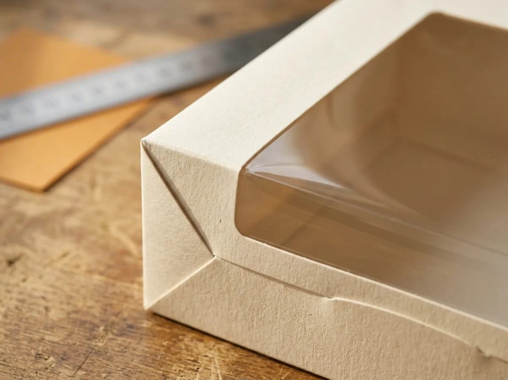 Detail material dan jendela transparan pada cetak cake box food-grade custom.