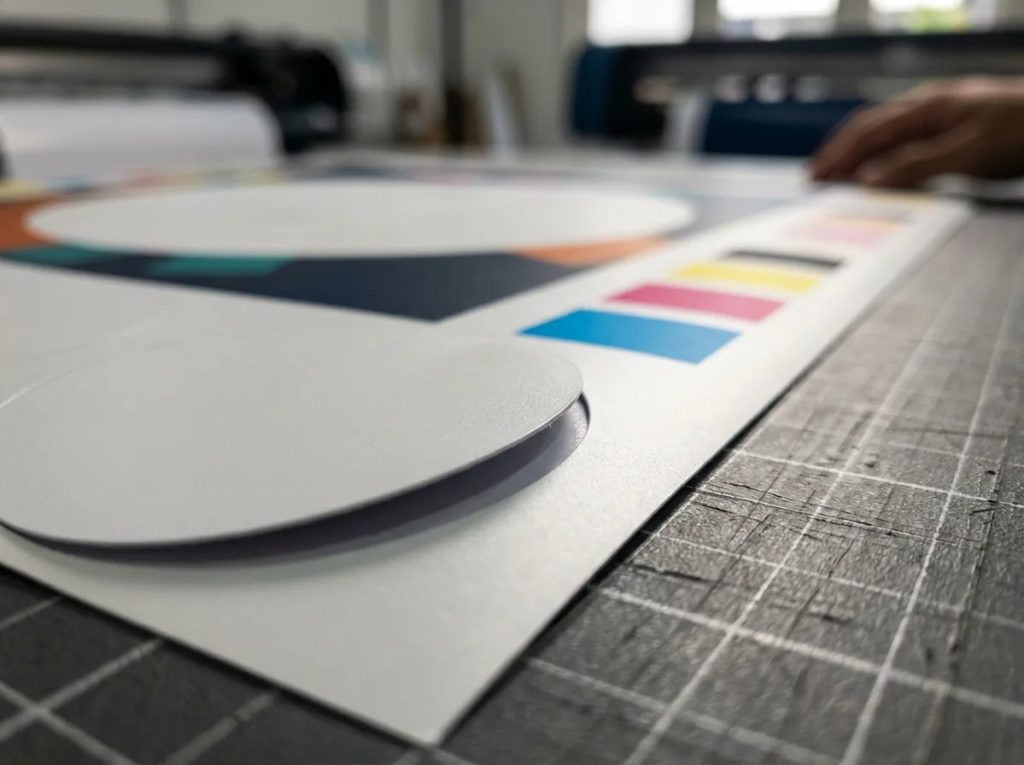 Detail makro pra-cetak stiker dengan garis die-cut, area bleed, dan blok warna CMYK.