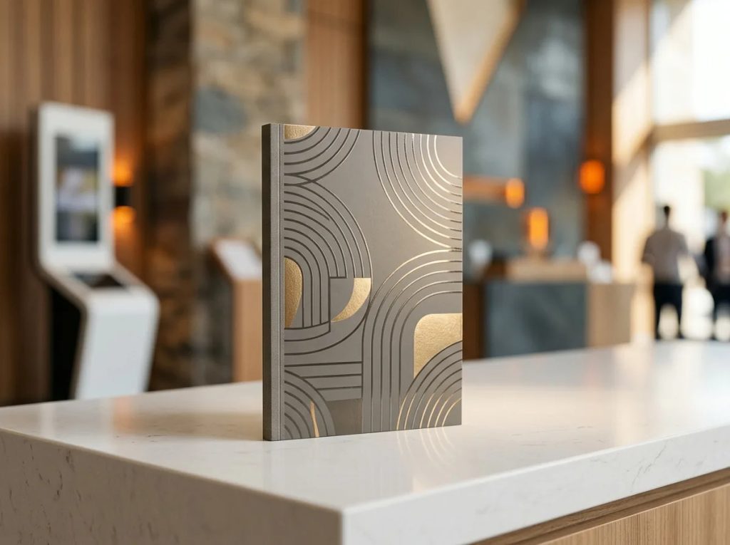 Booklet soft cover dengan finishing laminasi doff, spot UV, dan foil emas mewah di meja display pameran.