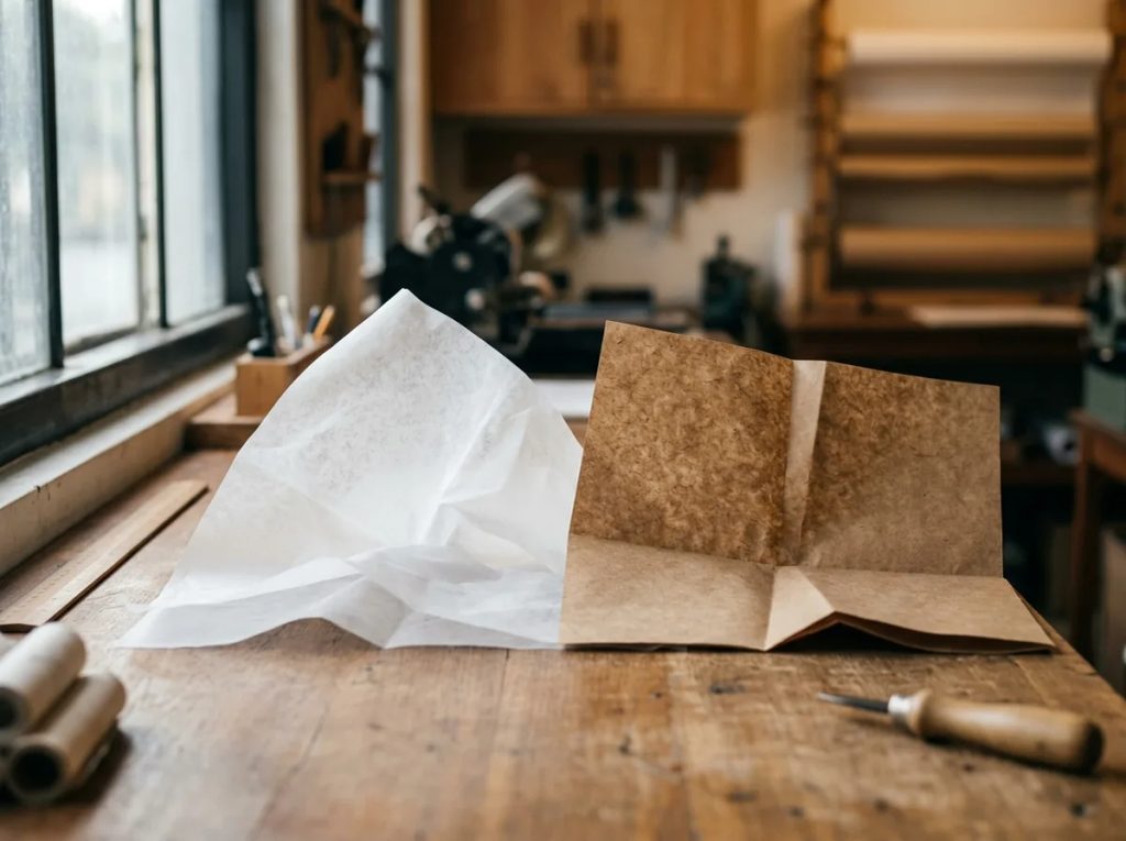 Perbandingan bahan wrapping paper branded: tissue paper tipis dan kertas samson kraft cokelat.