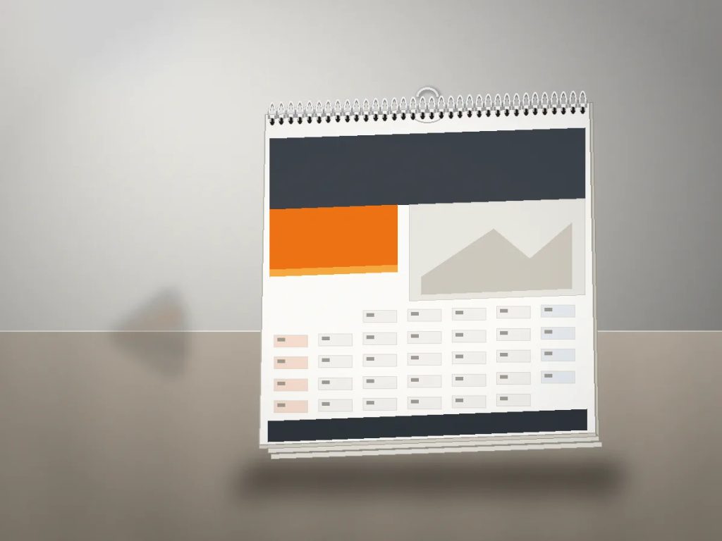 Sampel kalender dinding spiral atas premium untuk estimasi biaya cetak promosi bisnis.