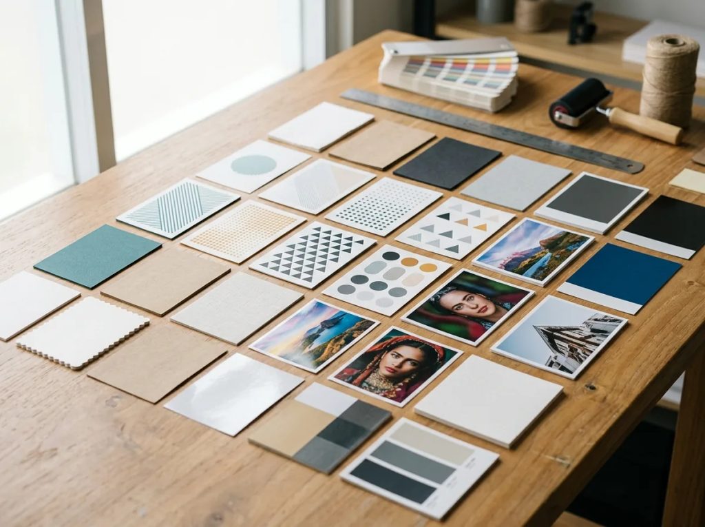 Matriks perbandingan format file desain cetak dan sampel material di meja percetakan.