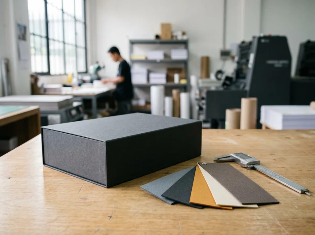 Uji bobot haptic dan tekstur box produk premium tebal dengan sampel material greyboard di percetakan.