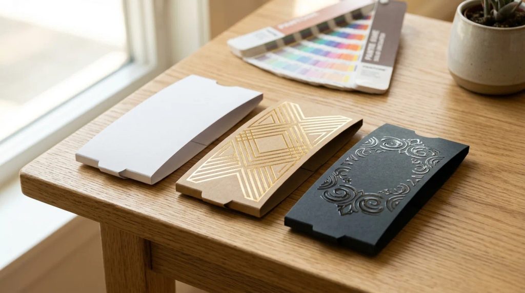 Pilihan finishing cetak sleeve packaging custom laminasi doff dan foil emas
