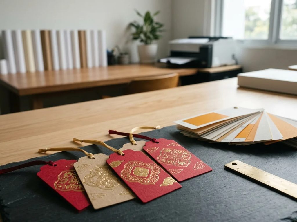 Cetak gift tag Imlek Jakarta dengan material kertas premium bertekstur dan finishing hot stamping foil emas mewah.