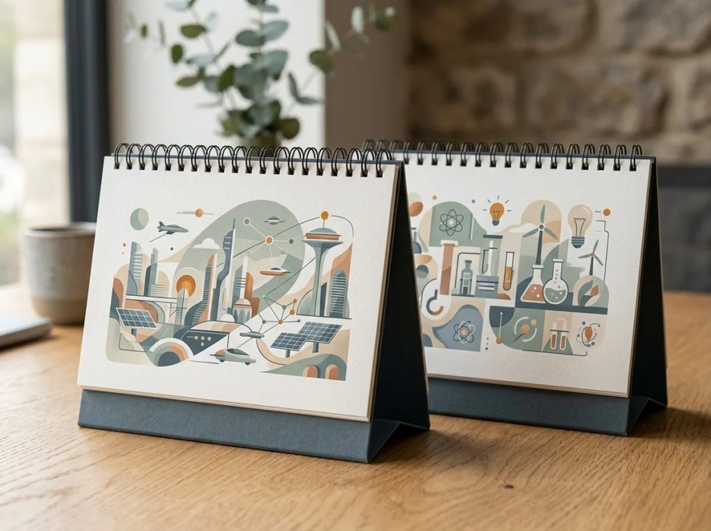 Ilustrasi artistik kustom bergaya modern pada lembaran kalender meja bulanan untuk memperkuat narasi brand