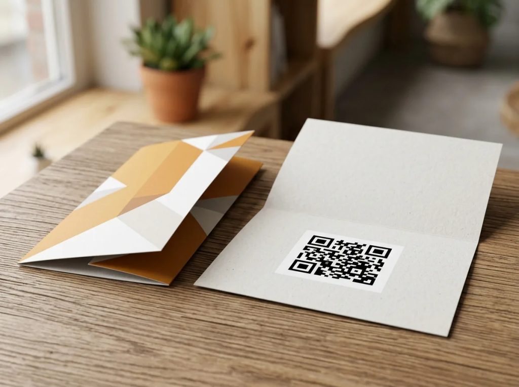 Cetak brosur lipat berkualitas dengan QR code dinamis untuk kampanye pemasaran bisnis.