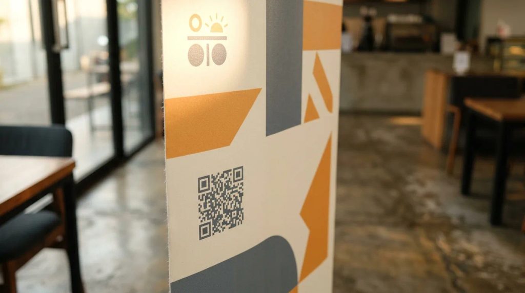 Detail anatomi desain cetak banner breakfast club jakarta dengan QR code dan logo