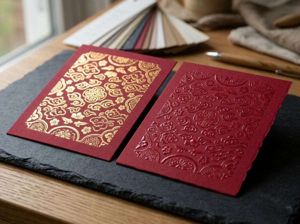 Perbandingan finishing hot stamping foil emas dan spot UV emboss pada notecard Imlek premium.