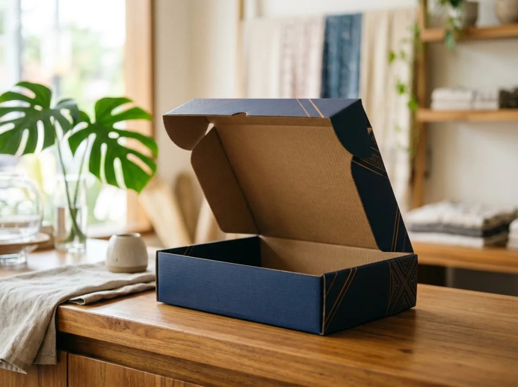 Mailer box premium terbuka di meja display toko, gambarkan kemasan sebagai titik temu ekspektasi konsumen.