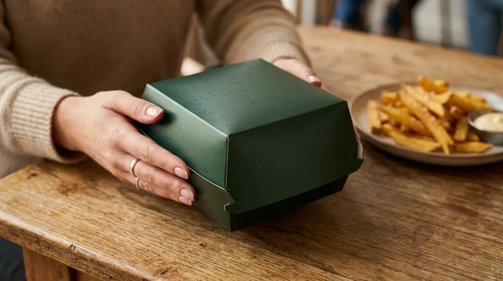 Kemasan burger box custom dengan finishing luster elegan di atas meja bersantap kafe gourmet