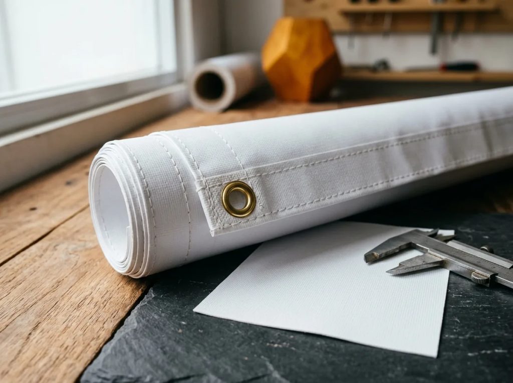 Detail material banner outdoor tahan cuaca dengan eyelet logam dan alat ukur di meja percetakan.