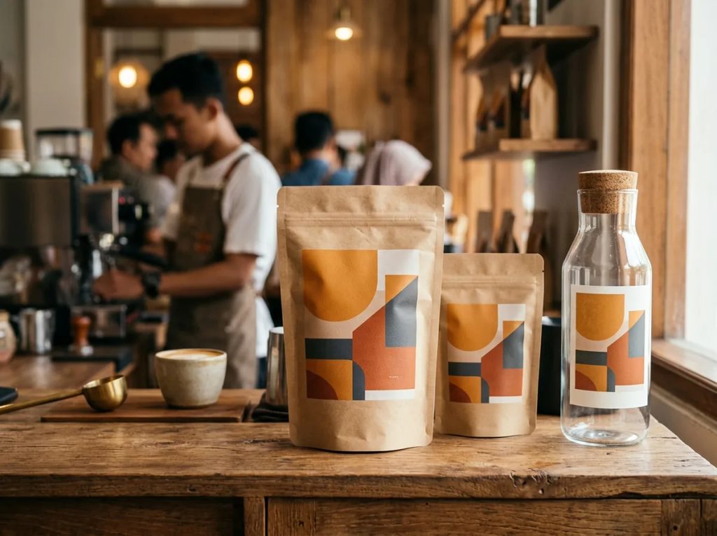 Kemasan kopi artisan dengan cetakan label presisi di etalase toko untuk tingkatkan konversi penjualan.