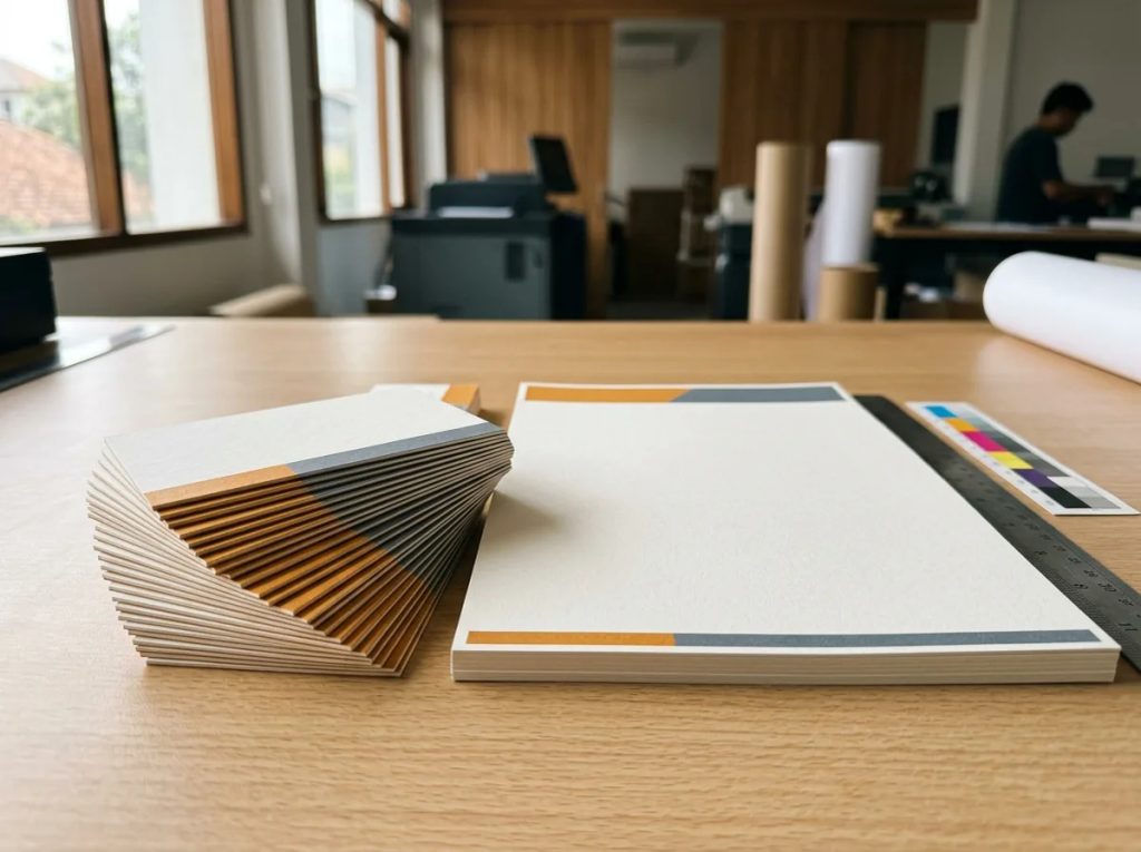 Konsistensi warna CMYK akurat pada tumpukan cetak stationery bisnis profesional.