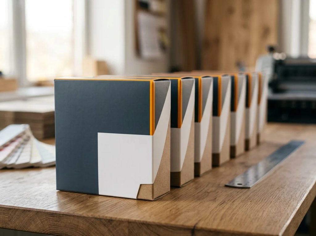 Deretan box packaging pameran dengan kontras warna dan hierarki visual 3 meter di percetakan.