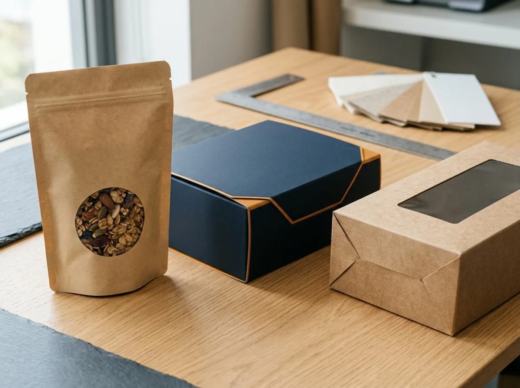 Format kemasan makanan oleh-oleh: standing pouch, box kue kering, dan gift box hampers di meja percetakan.