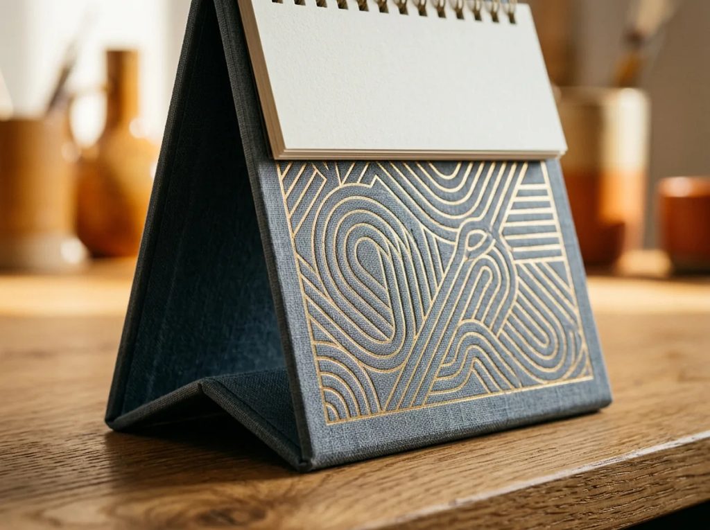 Detail finishing emboss timbul dan hot foil stamping emas pada material kertas bertekstur mewah untuk kalender kantor