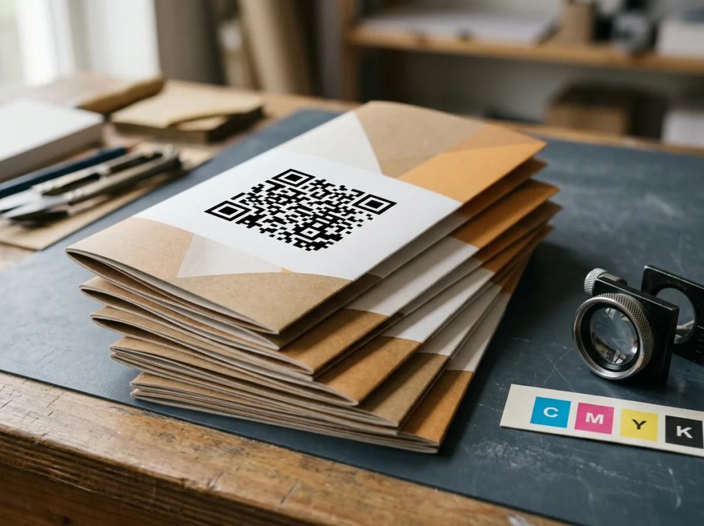Tumpukan cetak brosur QR code dengan kontras warna CMYK presisi di meja percetakan.