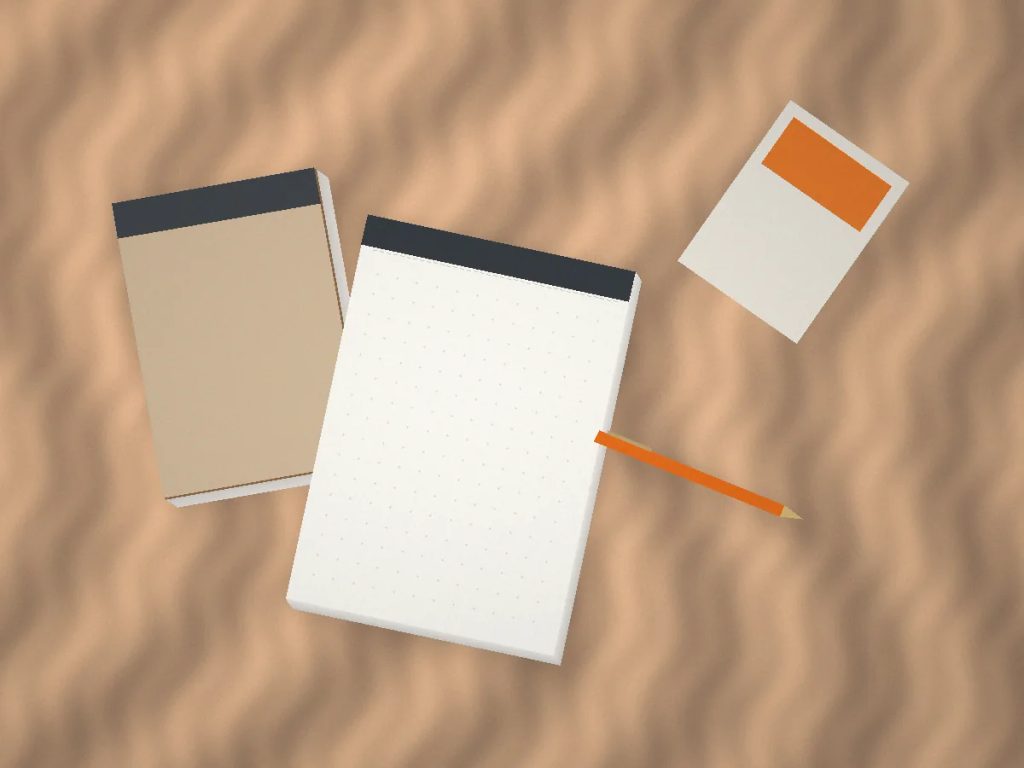 Cetak notepad minimalis batch 50 pcs jilid lem untuk kebutuhan pameran dan kasir bisnis.