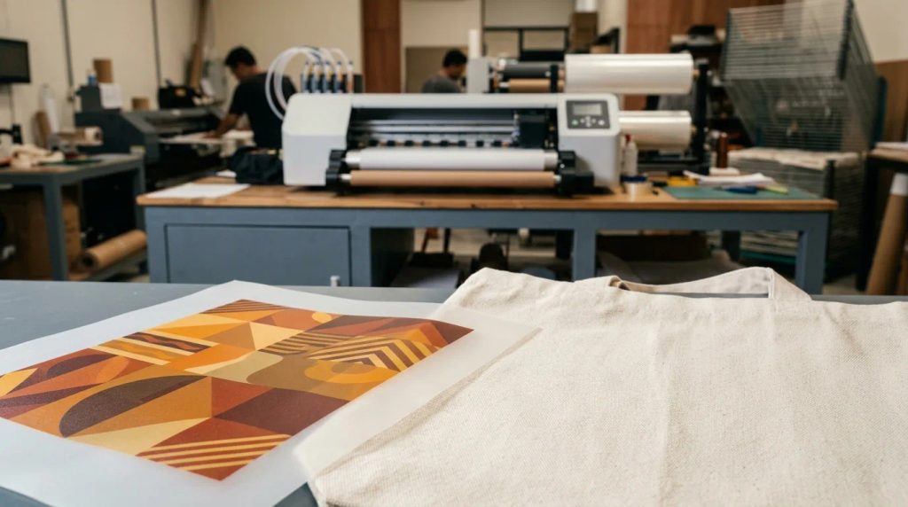 Proses cetak transfer film DTF untuk tas kanvas custom di ruang produksi percetakan modern.