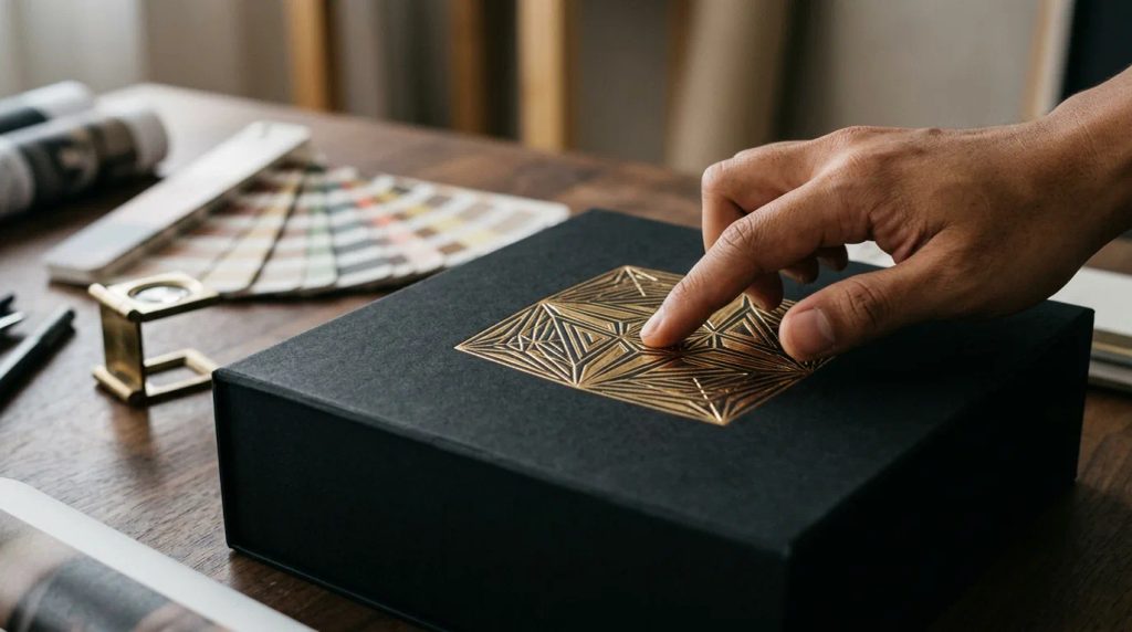 Detail finishing foil stamping emas dan emboss pada kemasan hard box