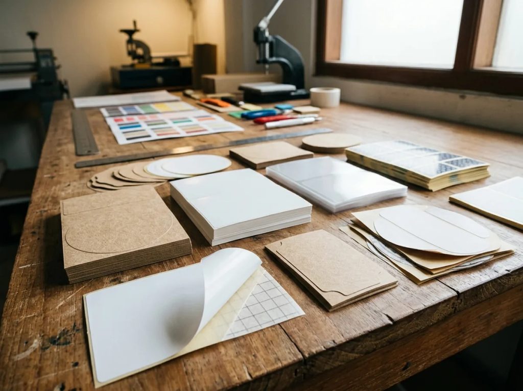 Susunan aneka substrat kertas label produk dan lapisan lem die-cut di meja kerja percetakan.