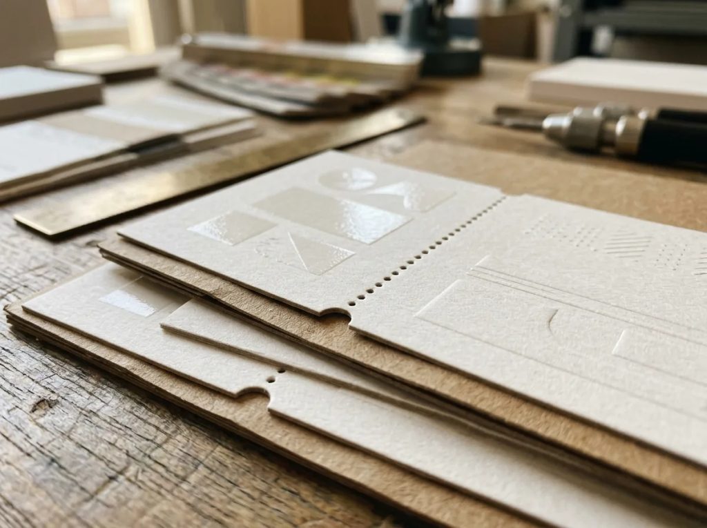 Detail material voucher custom bertekstur dengan perforasi dan spot UV untuk strategi promosi UKM