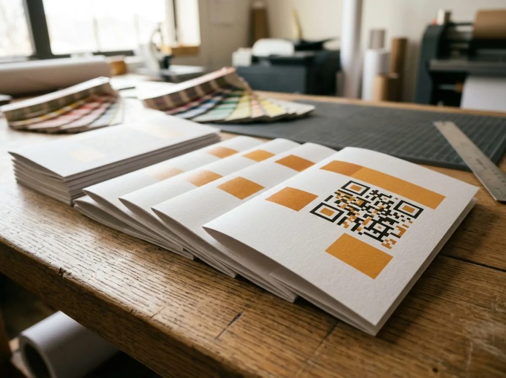 Susunan cetak brosur berfitur QR code untuk konversi digital cepat.