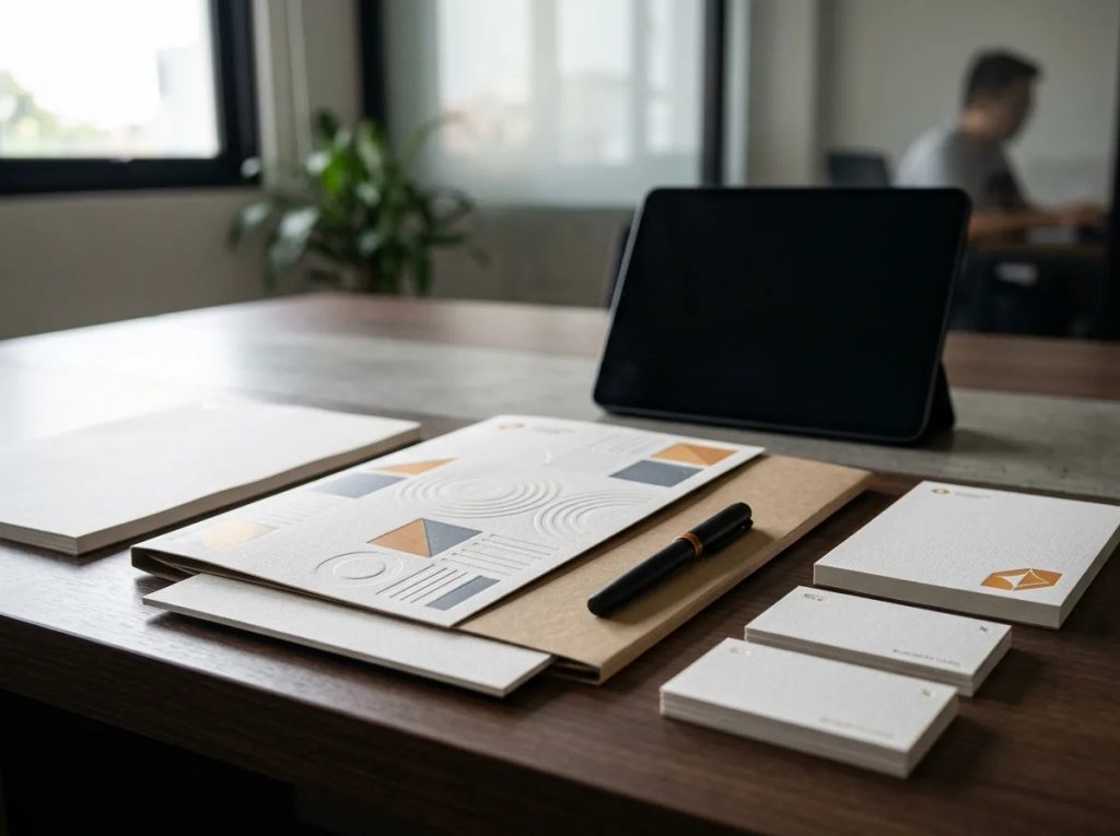 Sentuhan fisik set stationery bisnis profesional custom bertekstur premium untuk meningkatkan konversi.
