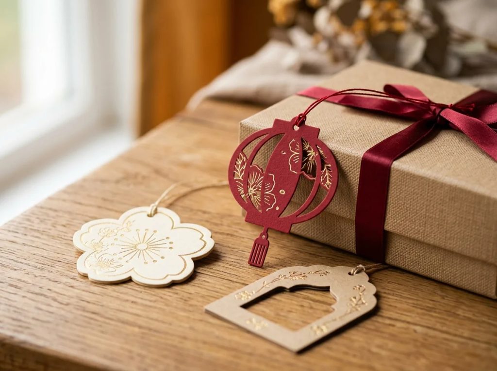 Contoh gift tag Imlek bentuk die-cut lentera dan bunga meihua dengan finishing foil emas mewah.