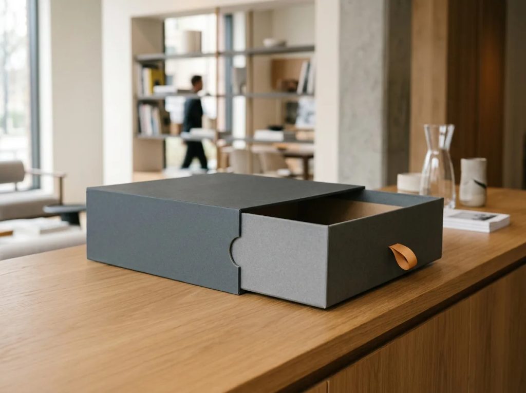 Struktur kemasan sliding box mewah ukuran besar dengan detail laci presisi di meja display.