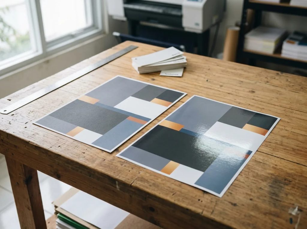 Perbandingan hasil cetak flyer kertas art paper glossy berkilau dan matte paper doff di meja percetakan.
