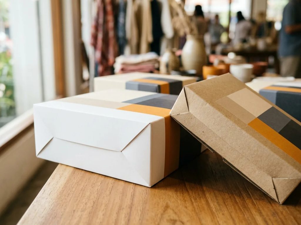 Detail ketebalan gramatur dan kekuatan lipatan kemasan custom box pada meja display toko.