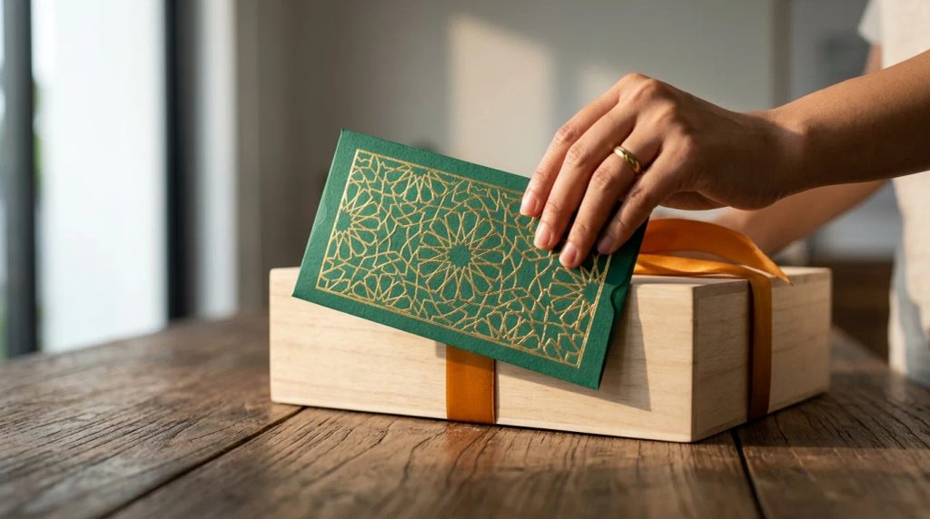 Perbandingan amplop Lebaran custom eksklusif di atas hampers Idulfitri